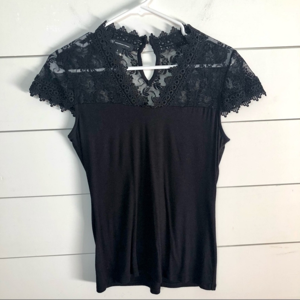INC Elegant Black Lace Women's Short Sleeve Top